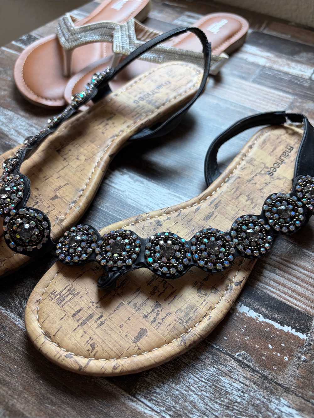2 Sandals - Maurices Tan and Black Jeweled and Capelli Strap Sandals